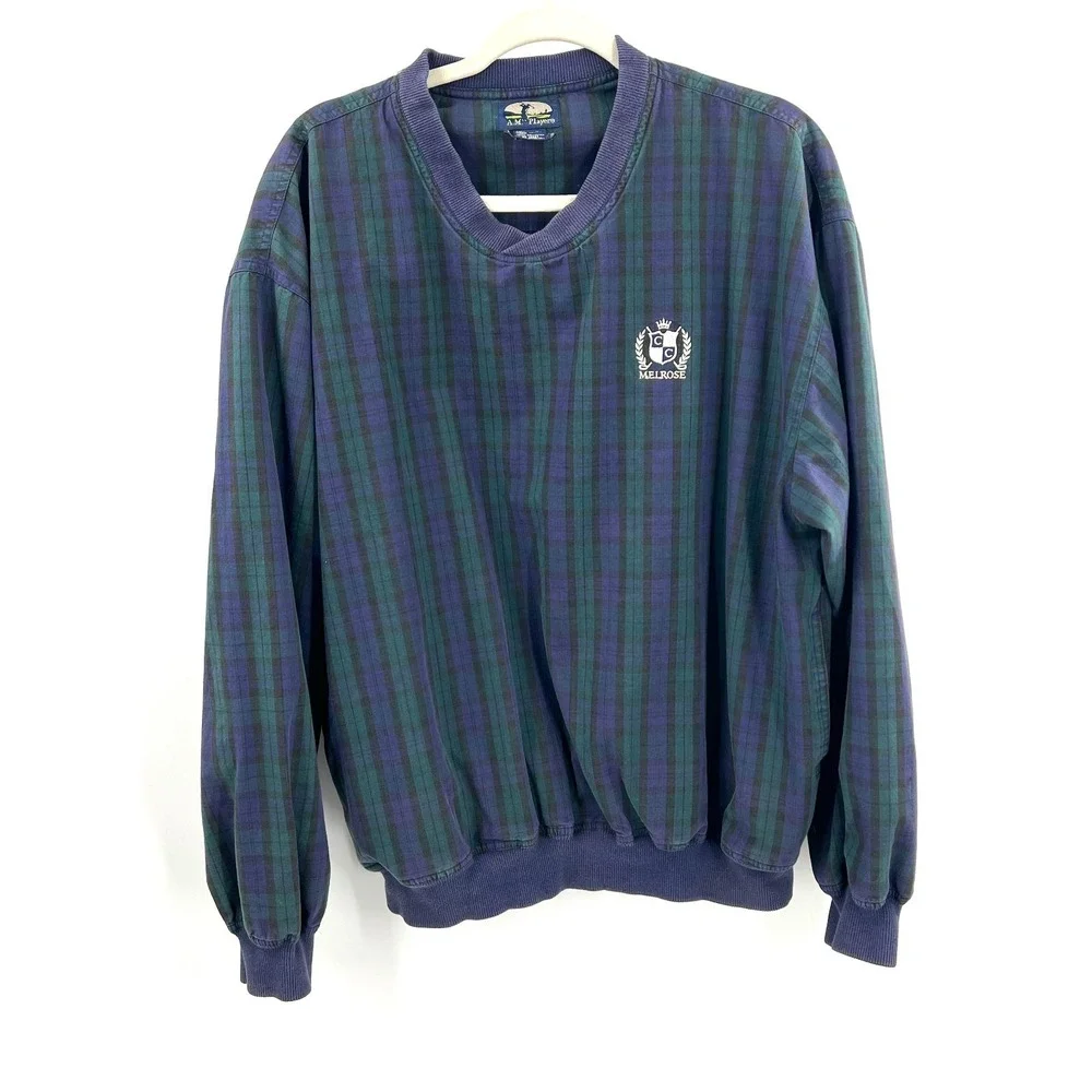 A.M.‎ Player vintage 90s plaid golf melrose v-neck ivy league blokecore blue L